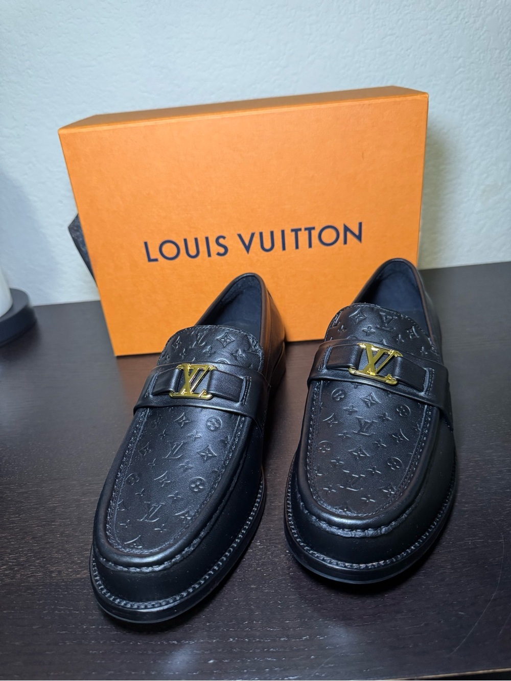 Louis Vuitton Black Monogram Embossed Leather Loafers with Gold LV Accent
